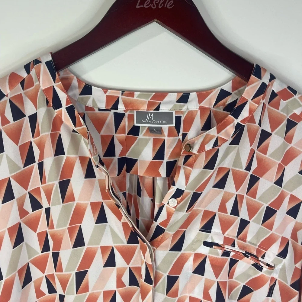 JM Collection Geometric Print Blouse in Orange and Black - Picture 6 of 8